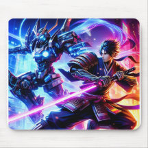 CyberSamurai vs. Mech Warrior-Neon BattMousepad