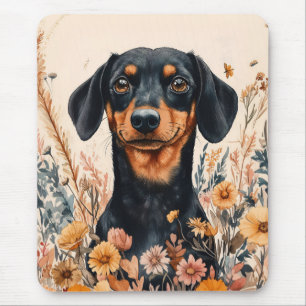 Mousepad Dachshund Bonito com Pintura de Flores Selvagens