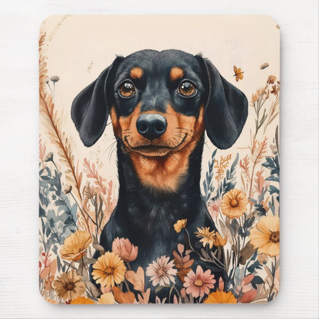 Mousepad Dachshund Bonito com Pintura de Flores Selvagens (Frente)