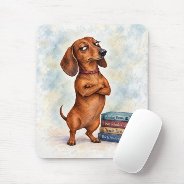 Mousepad Dachshund confiante com livros divertidos (Com mouse)