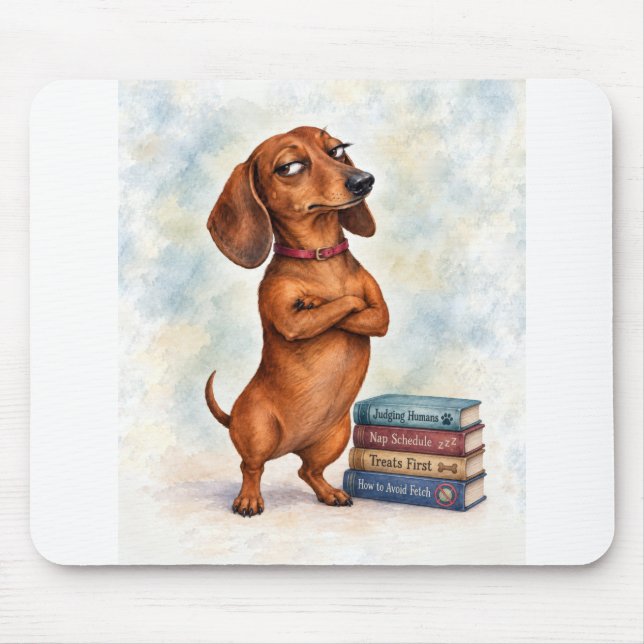 Mousepad Dachshund confiante com livros divertidos (Frente)