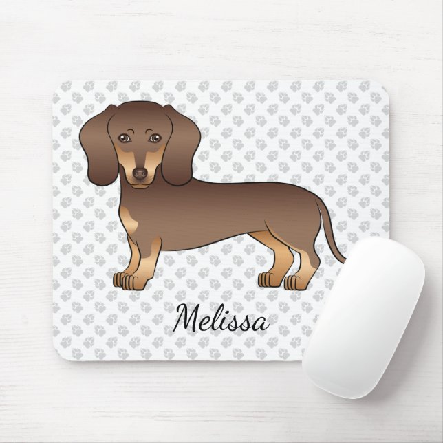 Mousepad Dachshund de Cabelo Curto Chocolate e Bege & Nome (Com mouse)