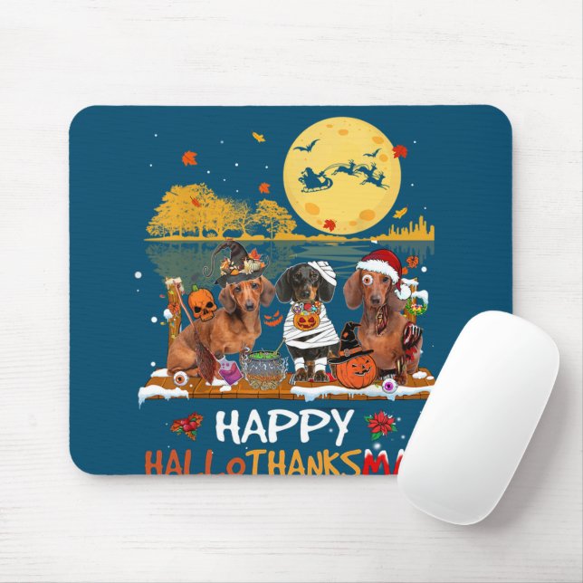 Mousepad Dachshund Happy Hallothanksmas Halloween Graças (Com mouse)