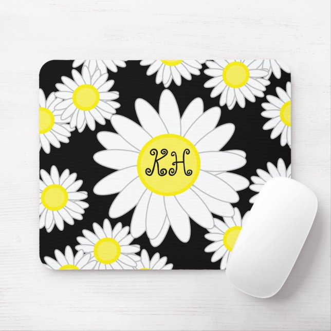 Mousepad Daisy Monograma Preto Branco e Amarelo (Com mouse)
