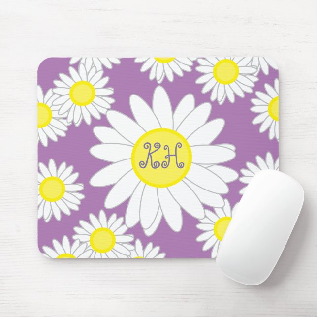 Mousepad Daisy Monograma Púrpura Branco e Amarelo (Com mouse)