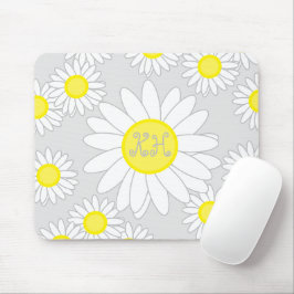 Mousepad Daisy Monogramas Cinzas prateadas brancas e amarel