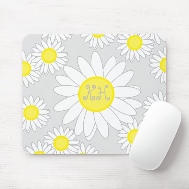 Mousepad Daisy Monogramas Cinzas prateadas brancas e amarel (Com mouse)