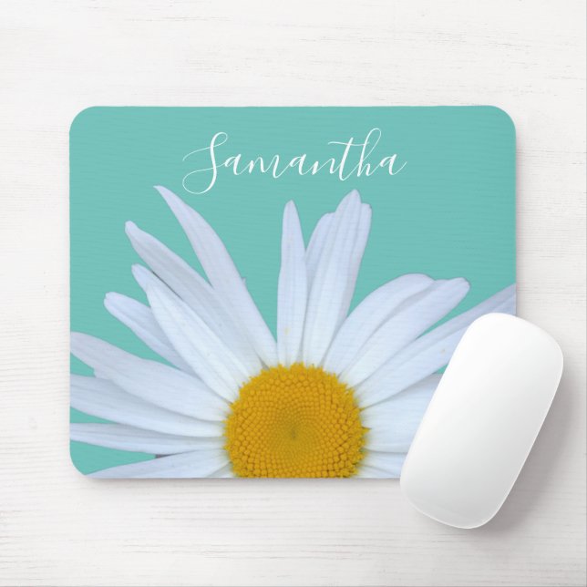 Mousepad Daisy Photo Teal Green Elegant White Script (Com mouse)