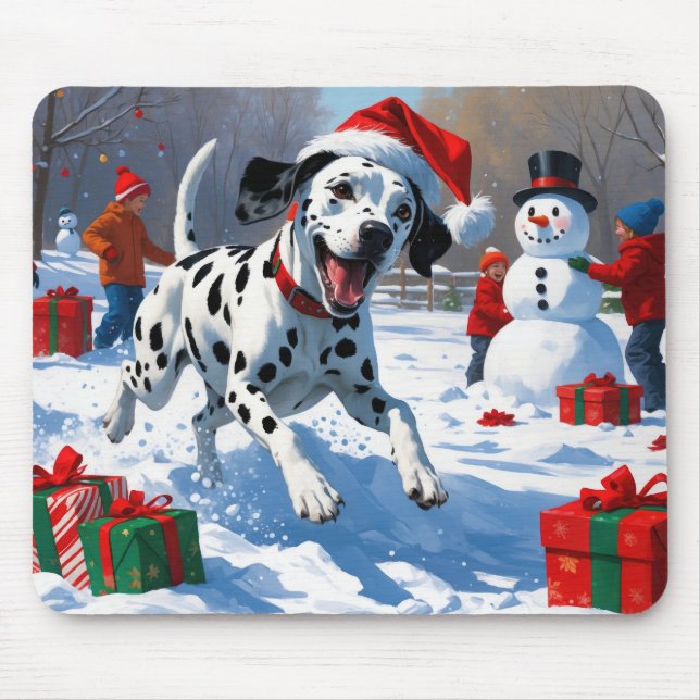Mousepad Dálmata Correndo na Neve com Chapéu de Natal (Frente)