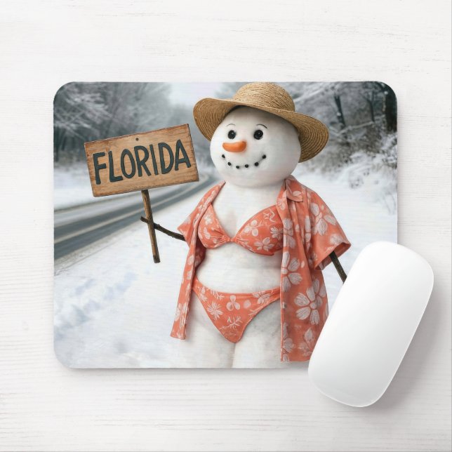 Mousepad Dama Boneco de Neve Pegando Carona com uma Placa d (Com mouse)