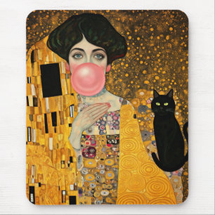 Mousepad Dama de Chiclete Rosa com Gato Preto Gustav Klimt