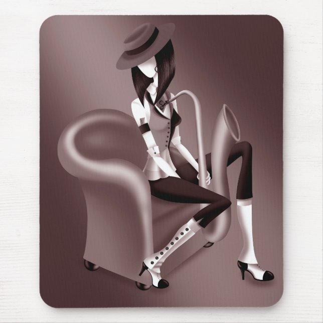 Mousepad Dama Saxofonista - Mousemat Inspirado no Jazz  (Frente)