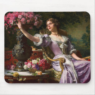 Mousepad Dama Vintage Em Vestido Lilíaco Rosa E Rosa vermel