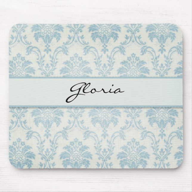 Mousepad Damasco azul macio com etiqueta branca (Frente)