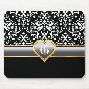 Mousepad Damasco branco preto, monograma do coração do