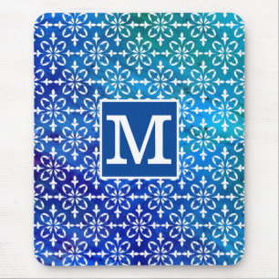 Mousepad Damasco Floral Clássico Monograma Azul Chem 4