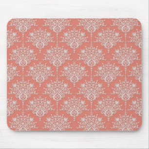 Mousepad Damasco Floral Coral e Branco Elegante