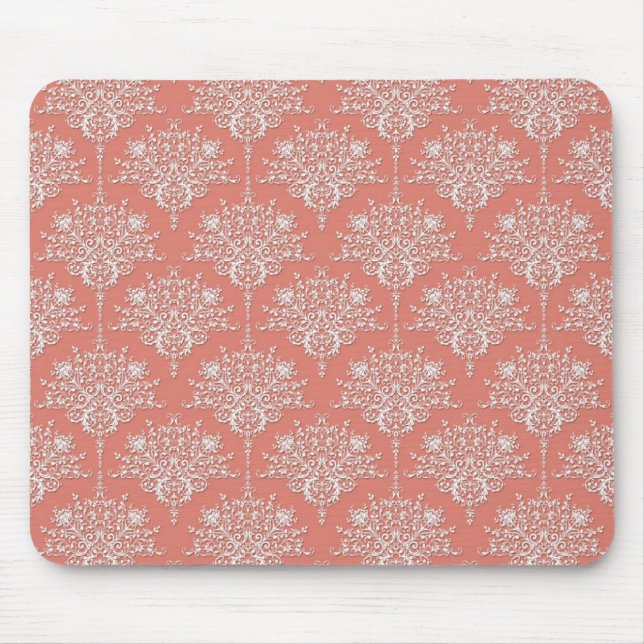 Mousepad Damasco Floral Coral e Branco Elegante (Frente)