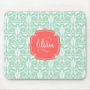 Mousepad Damasco verde chique moderno do coral & da hortel