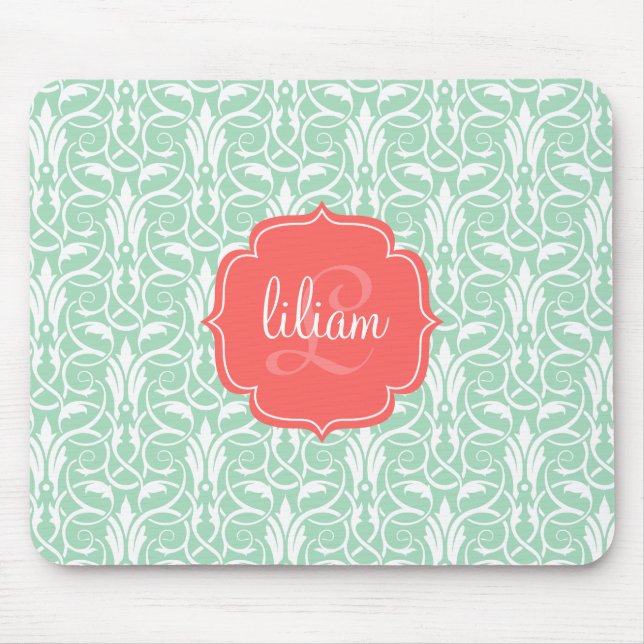 Mousepad Damasco verde chique moderno do coral & da hortelã (Frente)