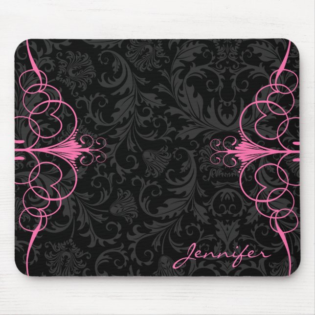 Mousepad Damascos Florais de Monotones Pretos e Quadro Rosa (Frente)