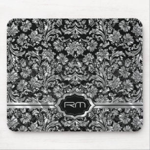 Mousepad Damascos Florais De Prata Pretos E Metálicos Monog