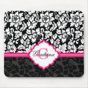 Mousepad Damascos Florais de Vintagem Preta Branca e Rosa