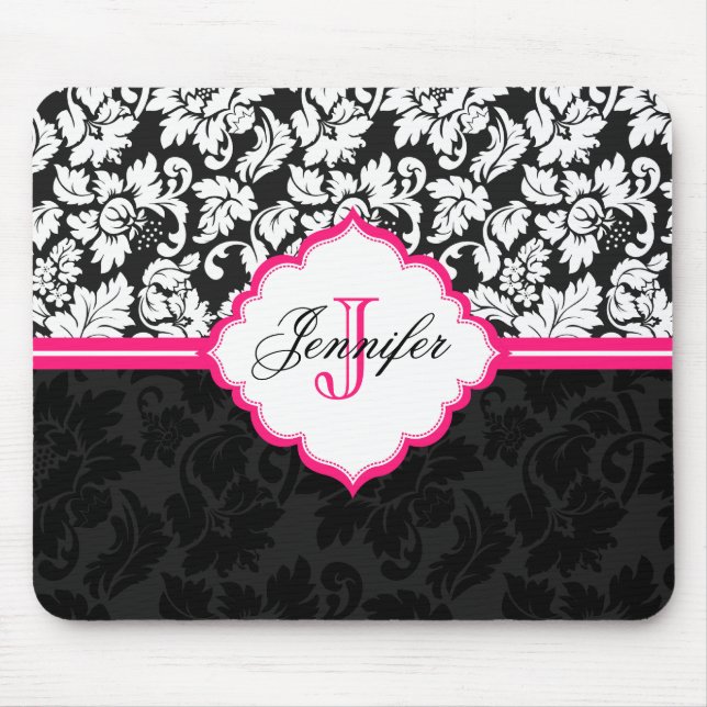 Mousepad Damascos Florais Pretos Brancos e Rosa Vintados 2 (Frente)