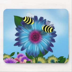 Mousepad Data de almoço da abelha na Flor Azul
