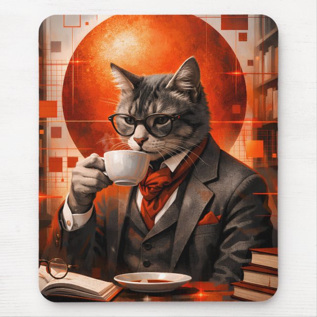 Mousepad de Gato Sofisticado Bebendo Café (Frente)