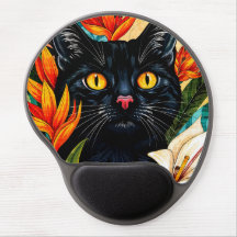 Mousepad de Gel com Gato Preto e Flores