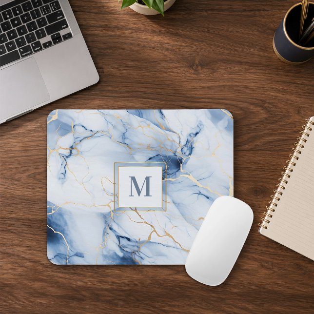 Mousepad de Monograma de Mármore Azul Branco Doura (Criador carregado)