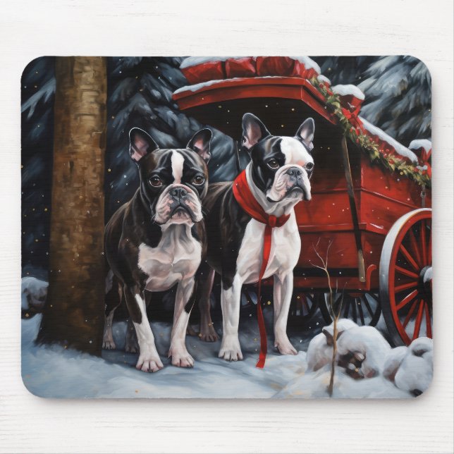 Mousepad Decado de Natal de Boston Terrier Snowy Sleigh (Frente)