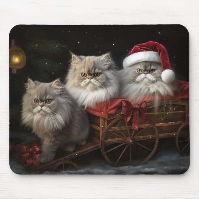 Mousepad Decado de Natal de Gato Persa Snowy Sleigh (Frente)