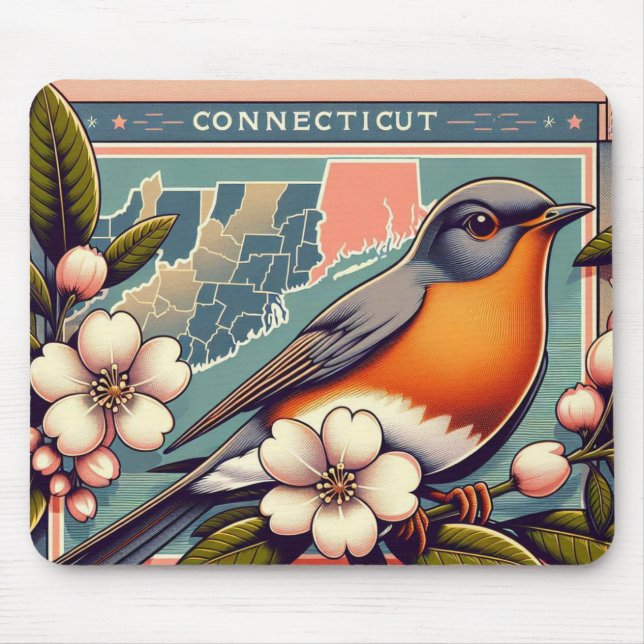 Mousepad Deco de Arte de Pássaro e Flor do Estado de Connec (Frente)