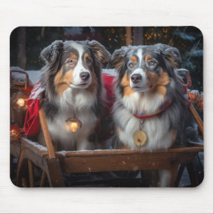 Mousepad Decoração de Natal Australian Shepherd Snowy Sleig