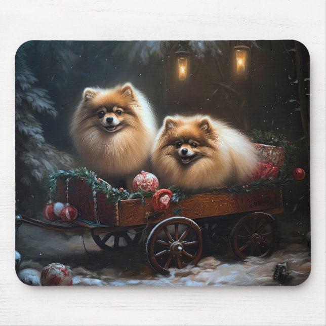 Mousepad Decoração de Natal com Trenó de Neve com Pomerânia (Frente)