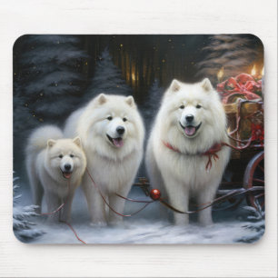 Mousepad Decoração de Natal com Trenó de Neve Samoyed