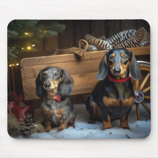 Mousepad Decoração de Natal Dachshund Snowy Sleigh (Frente)