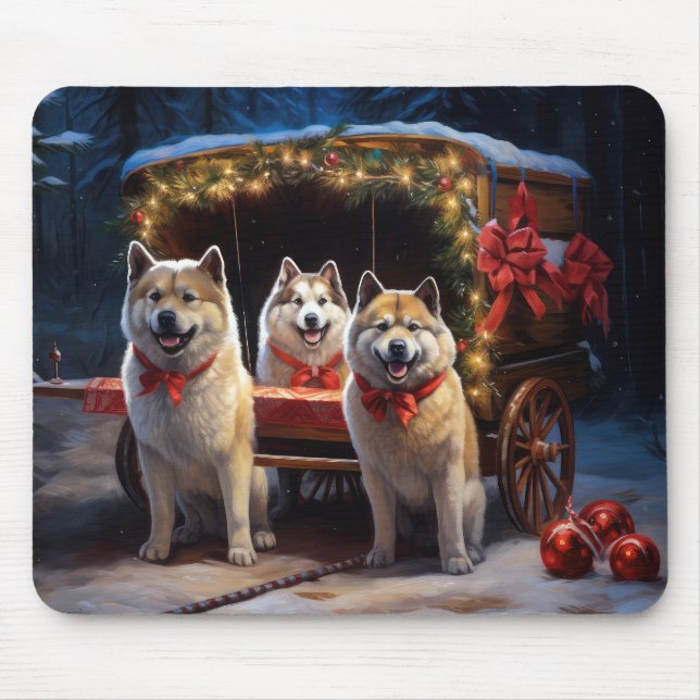 Mousepad Decoração de Natal de Akita Snowy Sleigh Ride (Frente)