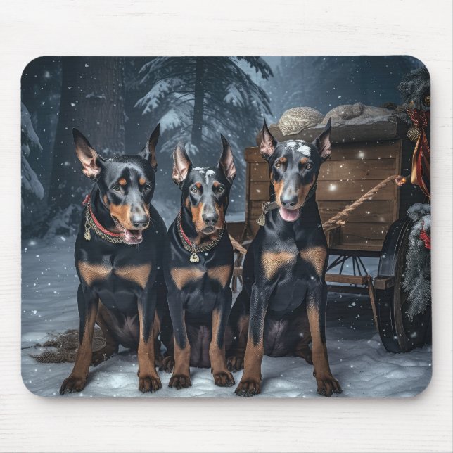 Mousepad Decoração de Natal do Doberman Snowy Sleigh (Frente)