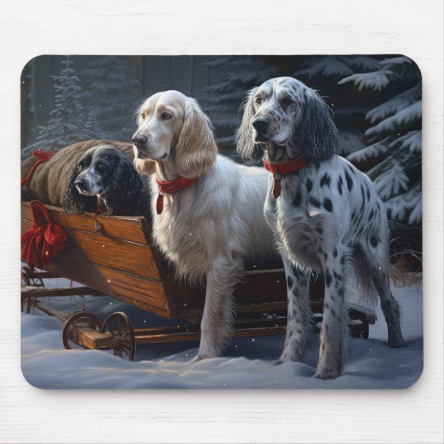 Mousepad Decoração de Natal do Setter Inglês Snowy Sleigh (Frente)