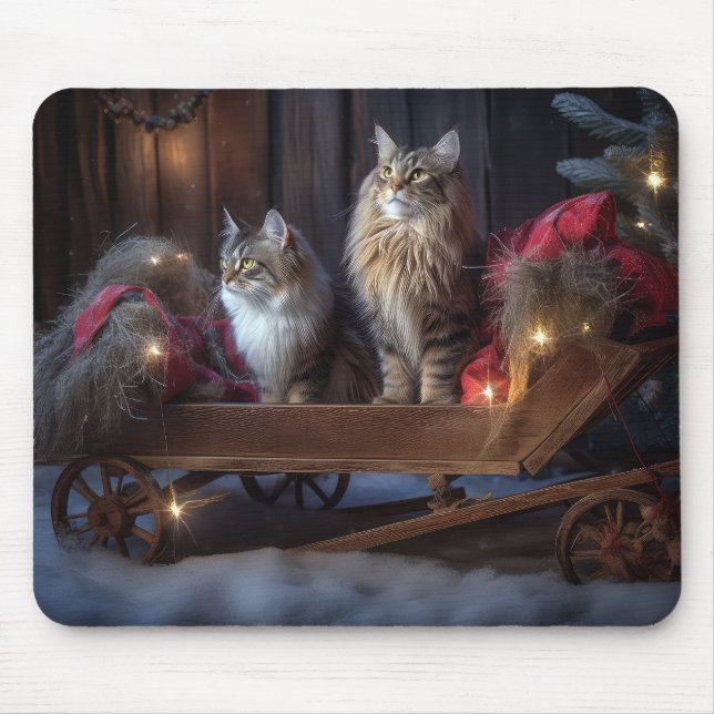 Mousepad Decoração de Natal Maine Coon Snowy Sleigh (Frente)