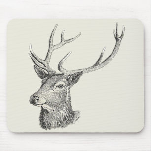 Mousepad Deer Buck Head com Antlers Black and White Art