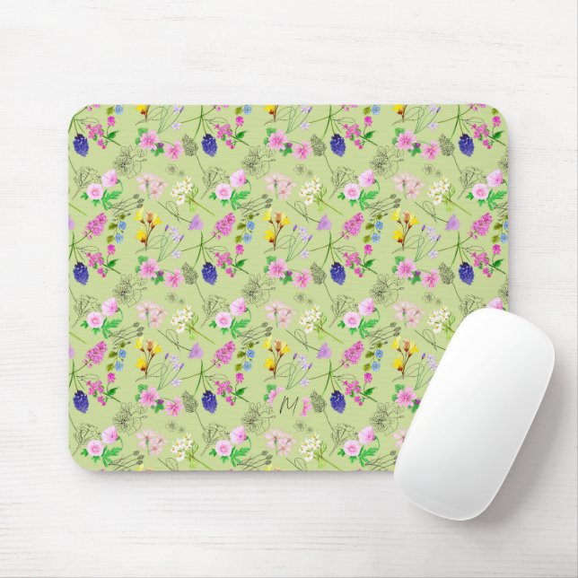 Mousepad Delicar flores silvestres de aquarela em verde (Com mouse)