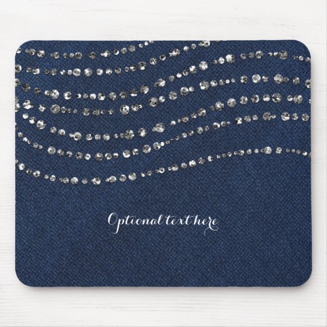 Mousepad Denim Azul & Diamantes Brilho Falso Elegante e Cha (Frente)