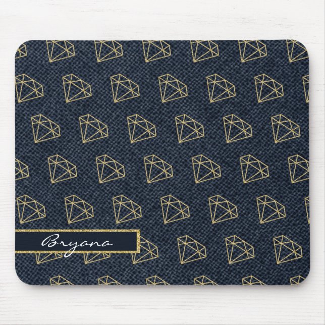 Mousepad Denim & Diamonds Dourado & Azul Glam Computador (Frente)