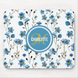 Mousepad Denominação monograma de padrão floral azul-quic