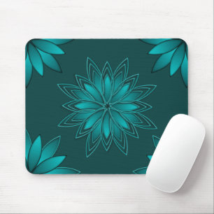 Mousepad Desenho de Mandala de Folha Verde-azulado em Ciano