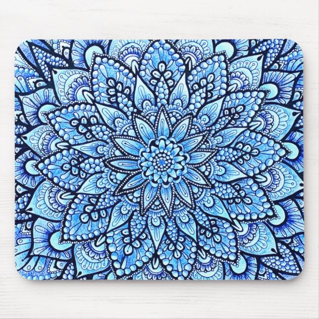 Mousepad Desenho de Mandala de Lápis de Cor Azul  (Frente)